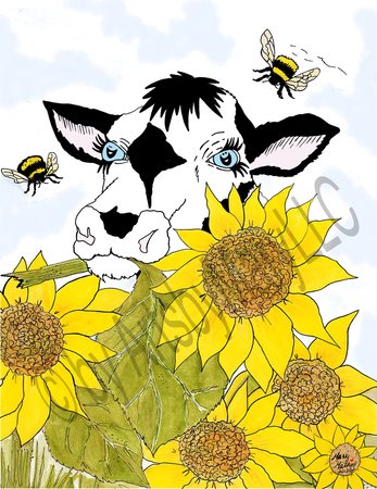 Greeting Cards Bella Cow Among Sunflowers