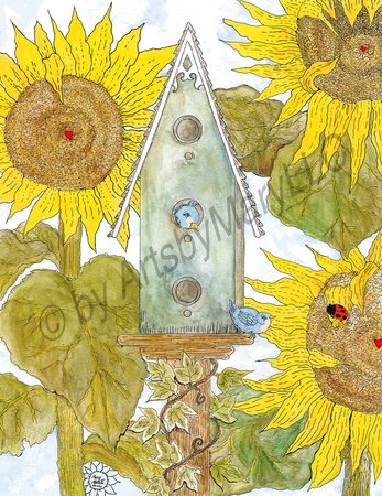 Art Prints Birdhouse and Sunflowers