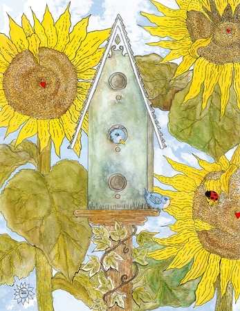 Art Prints Birdhouse and Sunflowers