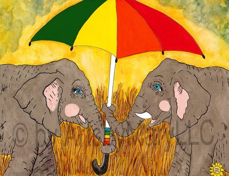 Art Prints Elephants with Umbrella
