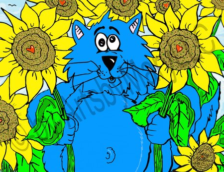Greeting Cards Fat Cat Among Sunflowers