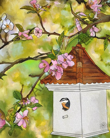 Art Prints Cherry Blossoms and Birdhouse