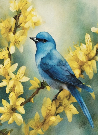 Art Prints Mountain Bluebird on Forsythias