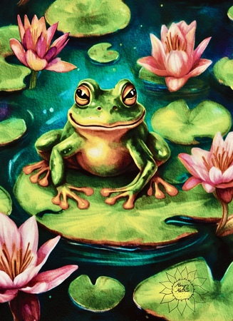 Art Prints Frog Sitting on a Lily Pad at Night