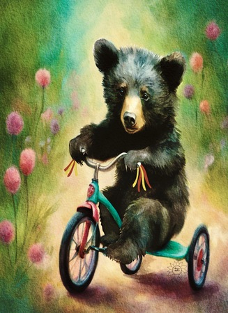 Art Prints Baby Bear on Tricycle