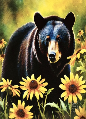 Art Prints Black Bear Among Black-eyed  Susans