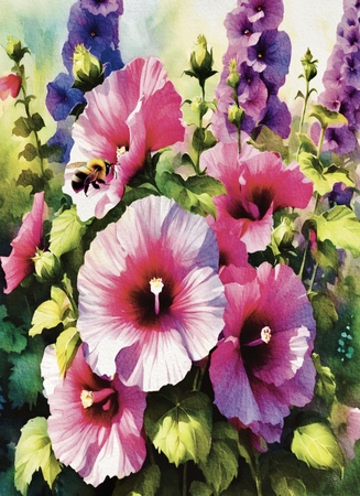 Greeting Cards Tall Hollyhock with Bees