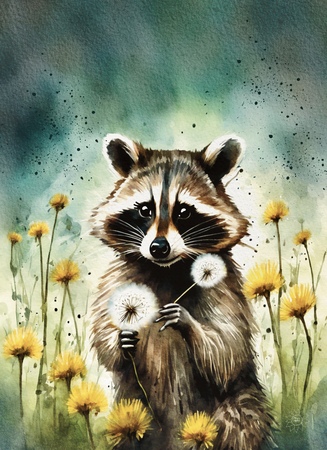 Greeting Cards Raccoon Among Dandelions