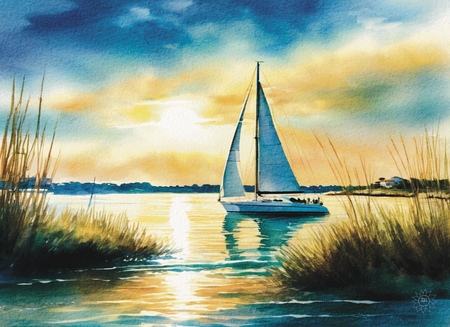 Art Prints Sunset Sailboat