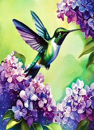 Greeting Cards Hummingbird Among Lilacs