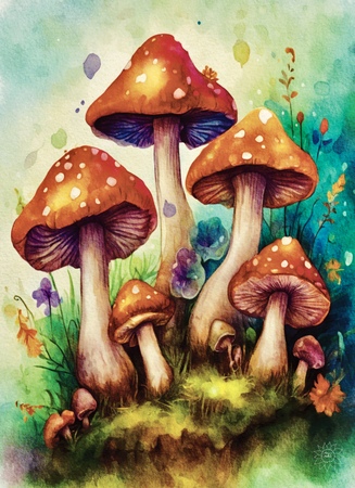 Greeting Cards Red Cap Mushrooms with Flowers