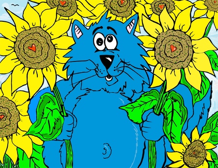 Greeting Cards Fat Cat Among Sunflowers