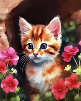 Greeting Cards Kitten Among Geraniu..
